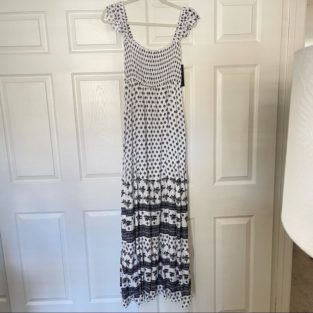 Lulu's Navy & White Paisley Boho Smocked Ruffle Maxi Dress